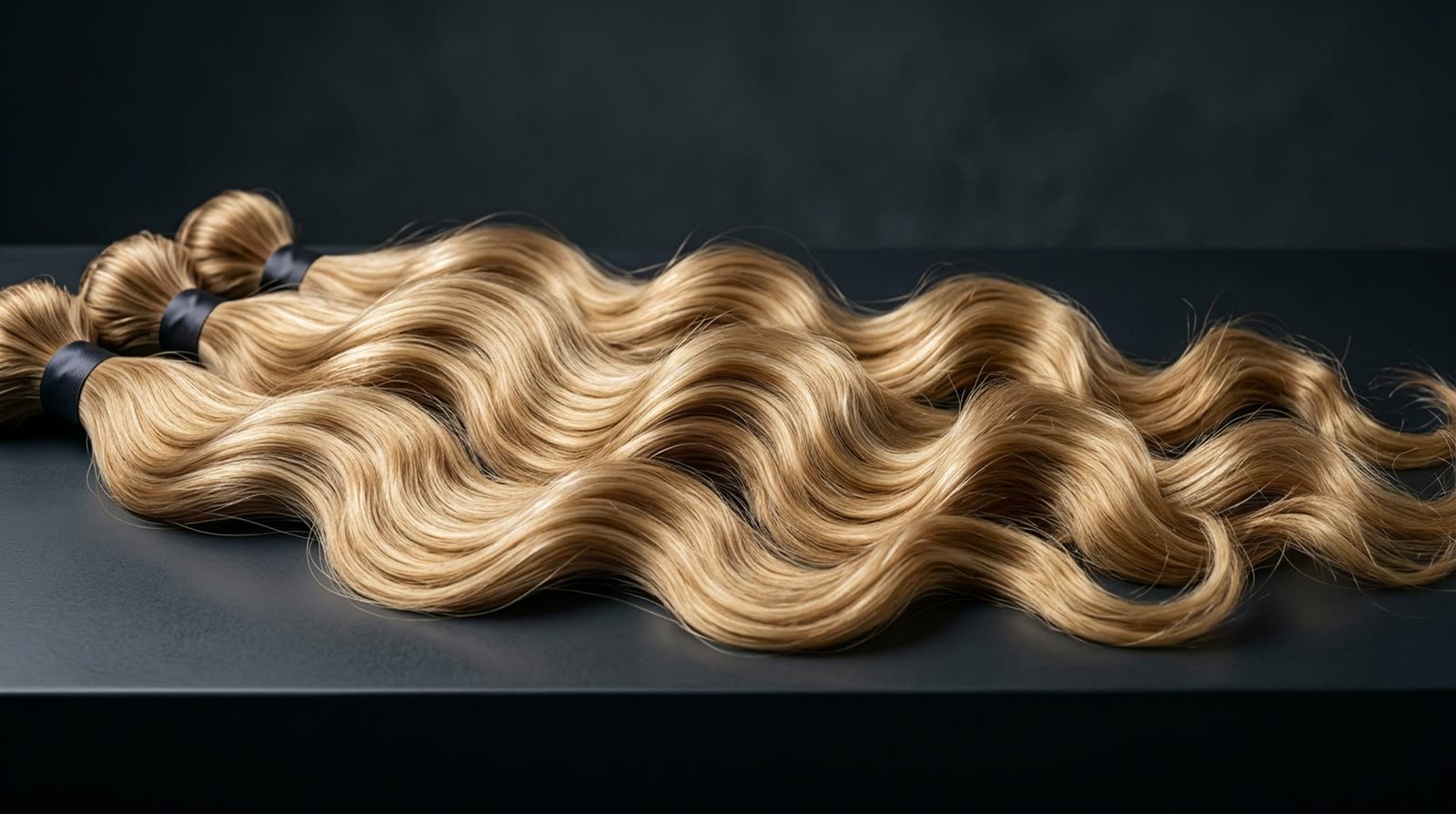 Extensions für die Haarverlängerung: blonde Strähnen mit weichen Wellen, bereitgelegt im Atelier